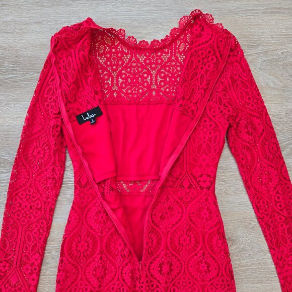 Lulus Red Lace Long Sleeve Bodycon Mini Dress Size Small Stunning Party Look - Picture 11 of 17